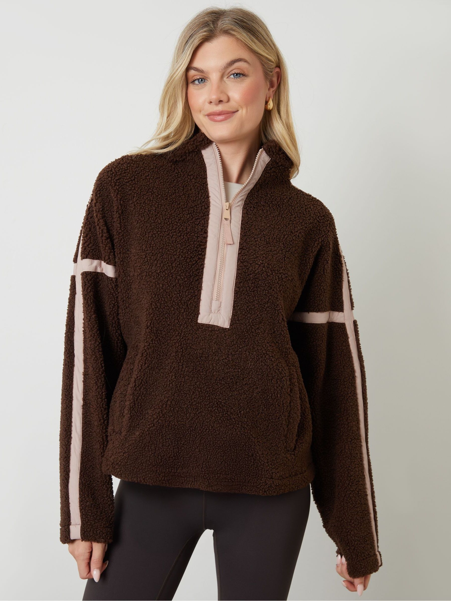 Buy Another Sunday Brown Half Zip Contrast Trim Borg Fleece from