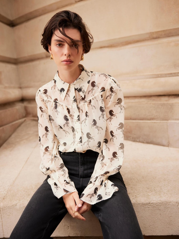 Mint Velvet Cream Horse Print Sheer Blouse - Image 1 of 7 Mint Velvet Cream Horse Print Sheer Blouse - Image 1 of 7