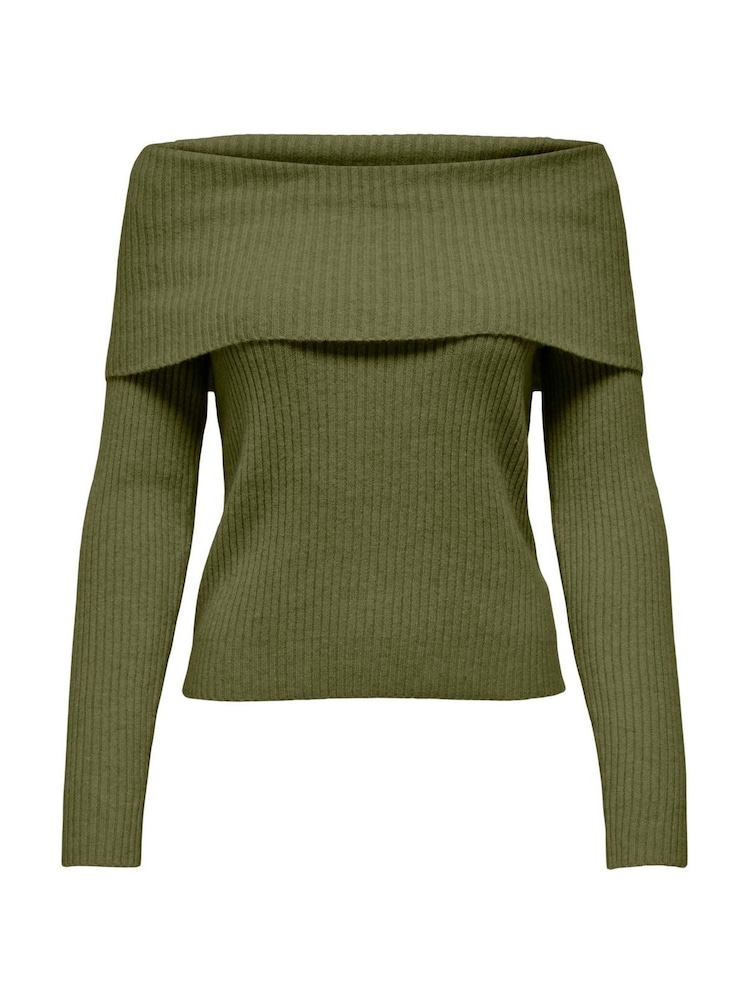 ONLY Green Off Shoulder Bardot Knitted Jumper - Image 1 of 5 ONLY Green Off Shoulder Bardot Knitted Jumper - Image 1 of 5