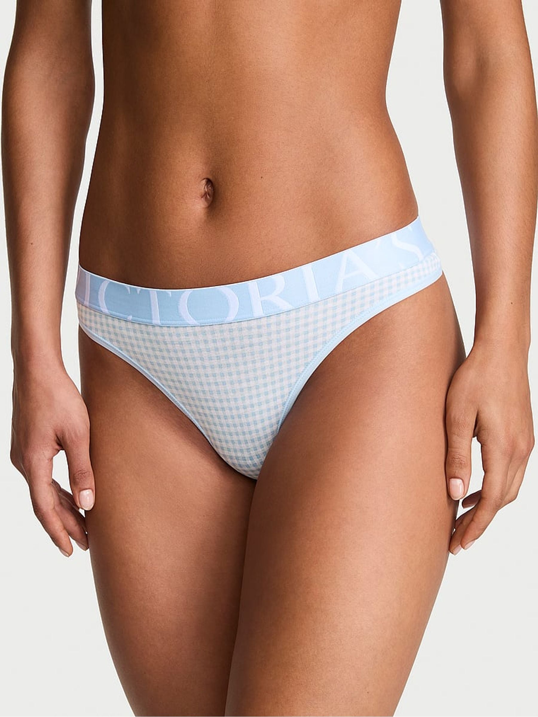 Victoria's Secret Linen Blue Gingham Thong Exploded Logo Knickers
