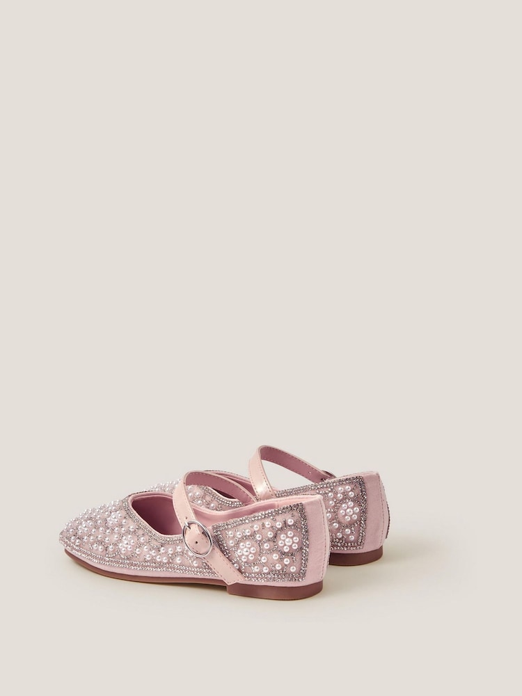 Monsoon Pink Rhinestone Pearl Embellished Ballet Flat Shoes - Image 2 of 3 Monsoon Pink Rhinestone Pearl Embellished Ballet Flat Shoes - Image 2 of 3