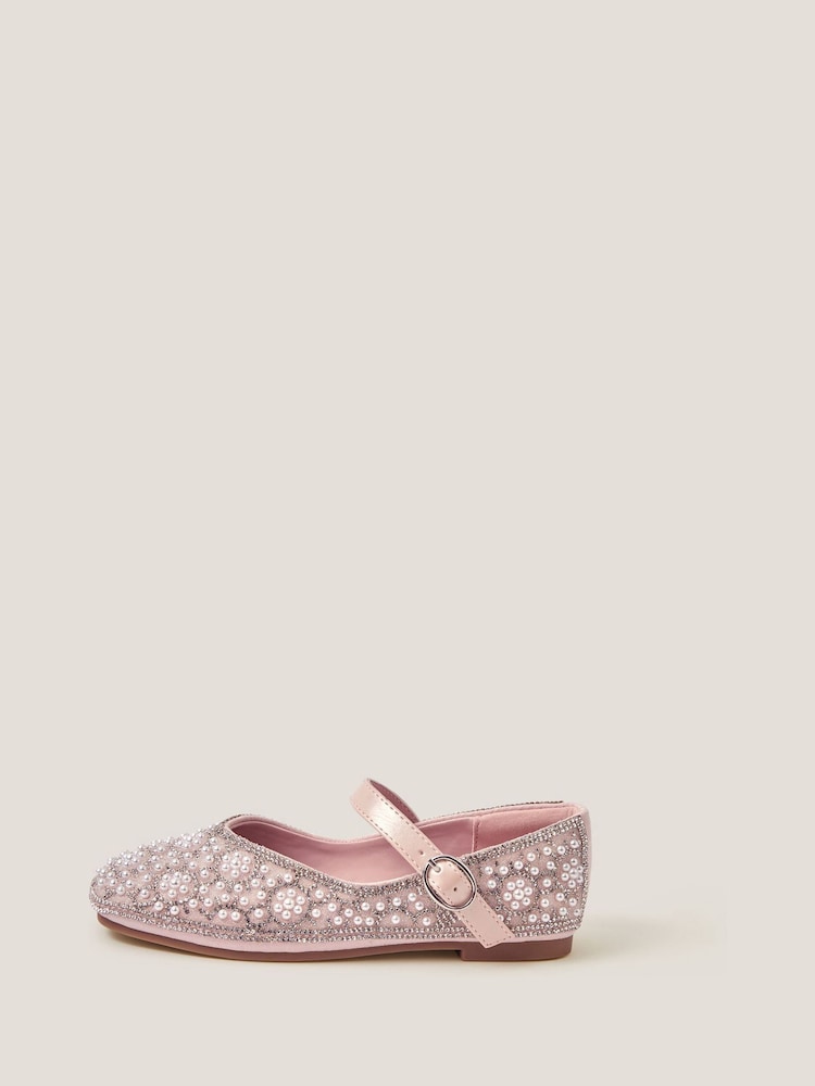 Monsoon Pink Rhinestone Pearl Embellished Ballet Flat Shoes - Image 3 of 3 Monsoon Pink Rhinestone Pearl Embellished Ballet Flat Shoes - Image 3 of 3