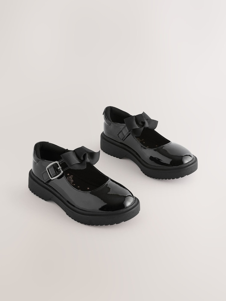 Black Patent Narrow Fit (E) Bow Chunky Mary Jane School Shoes - Image 1 of 5