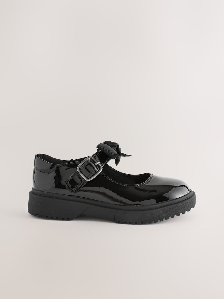 Black Patent Narrow Fit (E) Bow Chunky Mary Jane School Shoes - Image 2 of 5