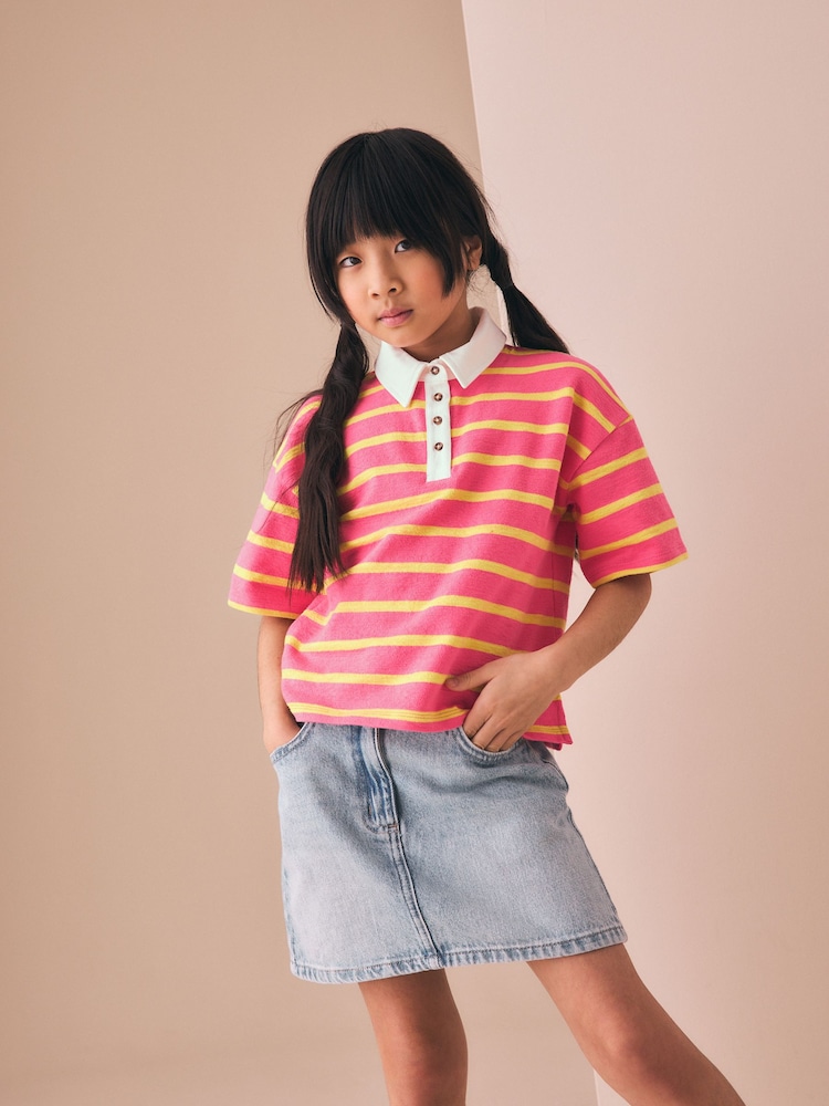 Bright Pink Stripe Short Sleeve Rugby Top (3-16yrs) - Image 1 of 8