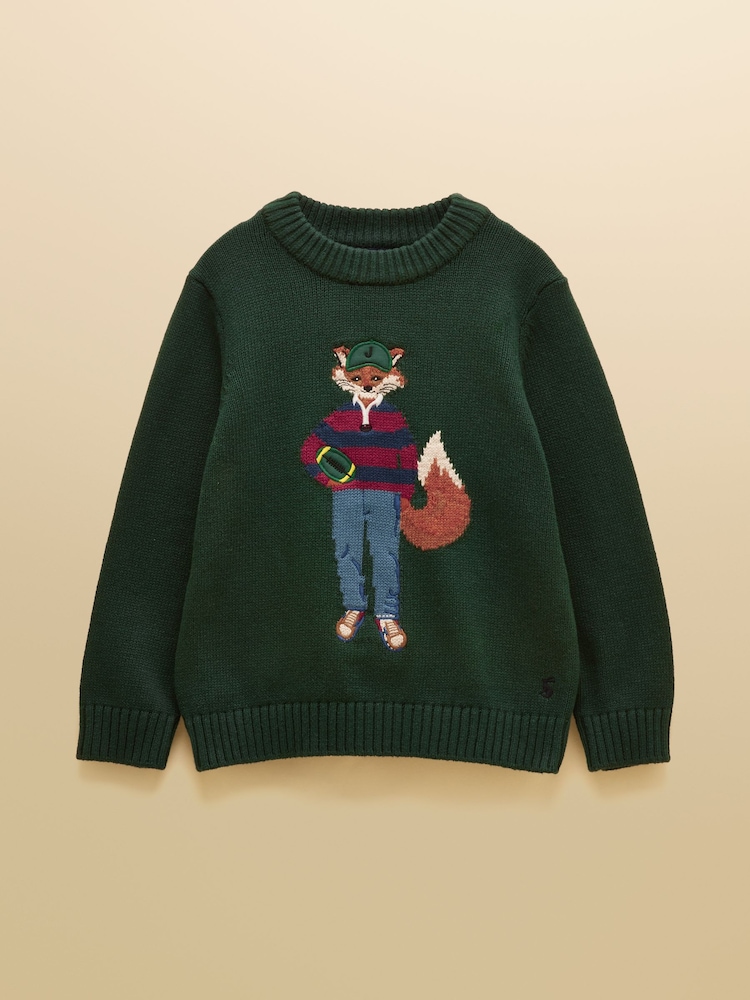 Joules Boys' Intarsia Green Jonty Fox Knit Jumper - Image 1 of 4 Joules Boys' Intarsia Green Jonty Fox Knit Jumper - Image 1 of 4