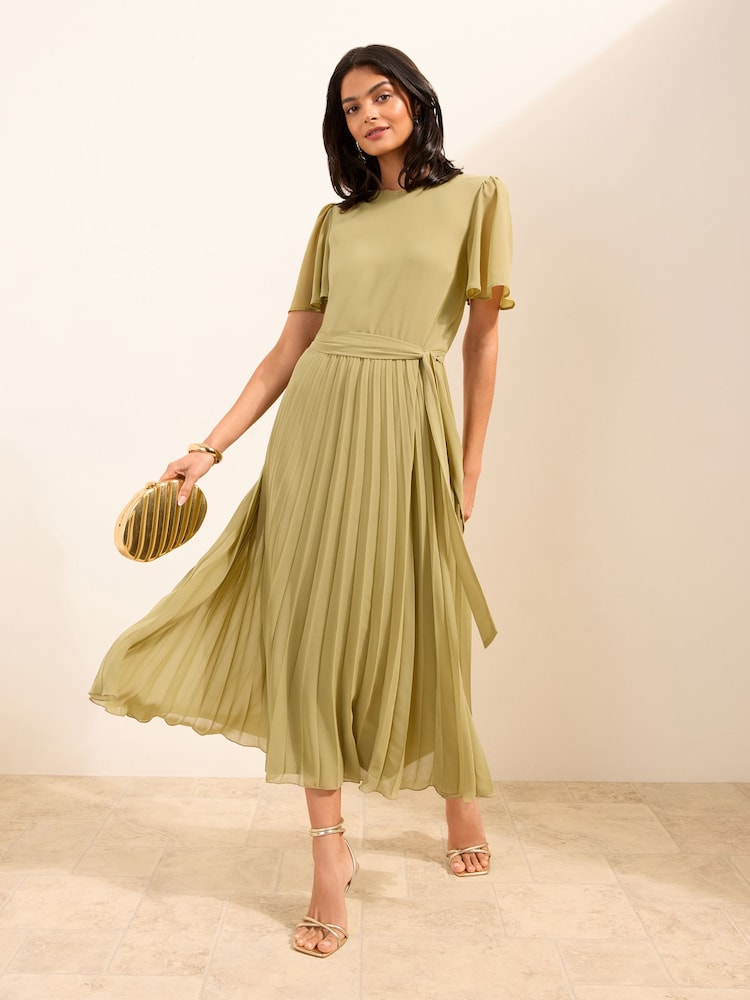 Friends Like These Green Pleated Short Sleeve Midi Dress - Image 1 of 4 Friends Like These Green Pleated Short Sleeve Midi Dress - Image 1 of 4