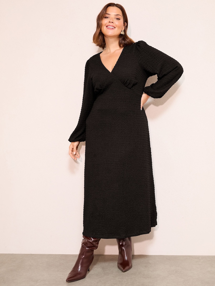 Friends Like These Black Curve Textured V-Neck Long Sleeve Midi Dress - Image 1 of 5