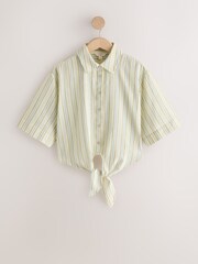 Cream/Blue/Green Stripe Tie-Front Short Sleeve Shirt - Image 1 of 3