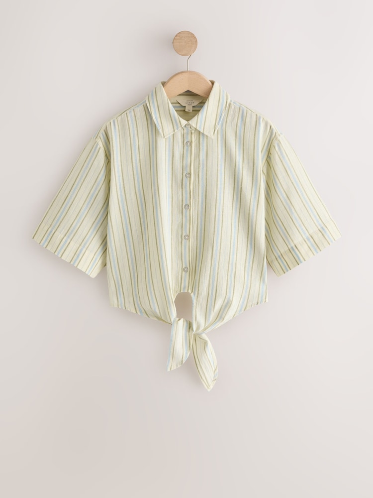Cream/Blue/Green Stripe Tie-Front Short Sleeve Shirt - Image 1 of 3