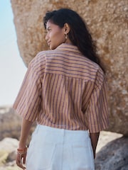 Orange/Burgundy Red Stripe Tie-Front Short Sleeve Shirt - Image 5 of 9