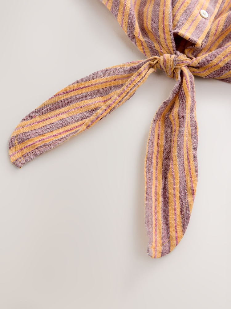 Orange/Burgundy Red Stripe Tie-Front Short Sleeve Shirt - Image 9 of 9