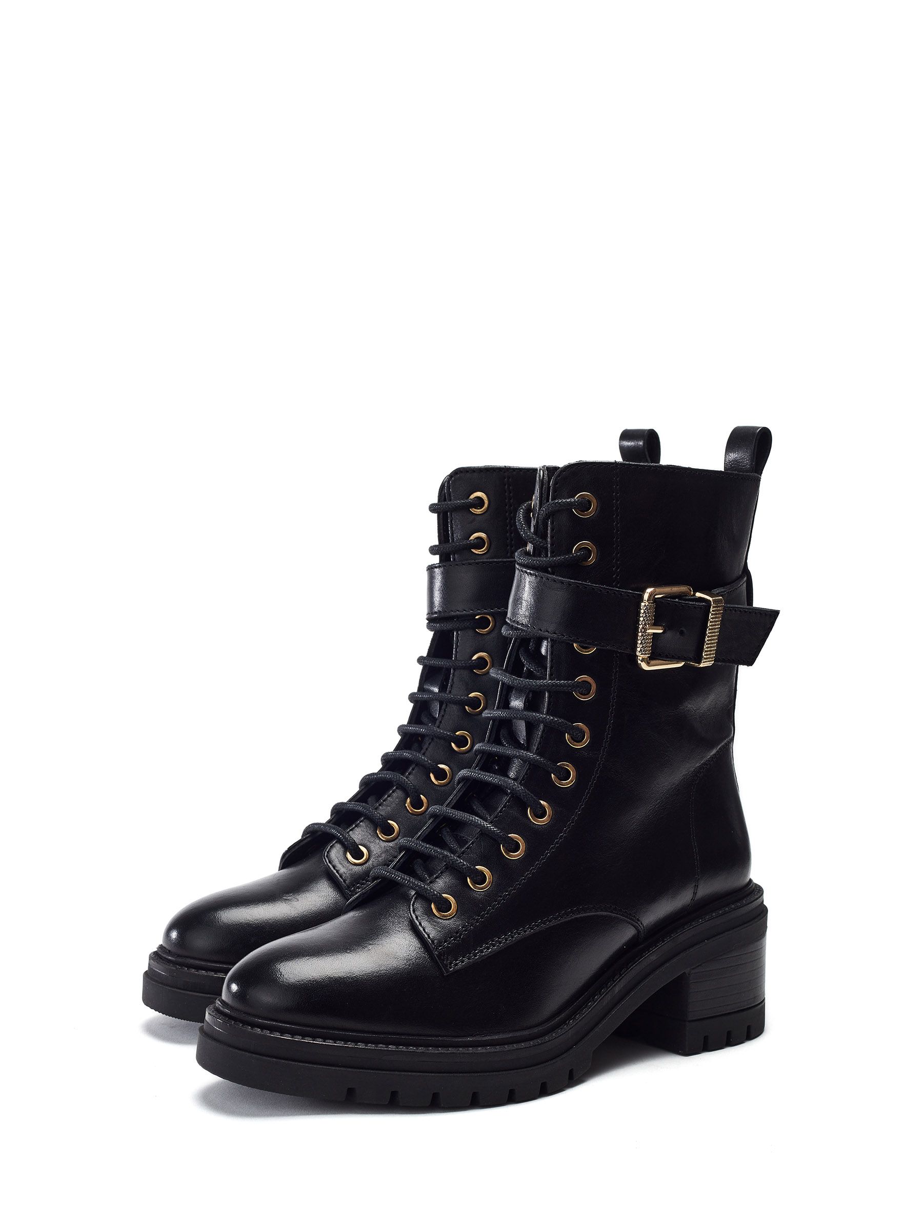 Buy Moda in Pelle Black Omana Buckle Detail Lace-Up Block Heel