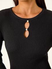 Roman Black Petite Knitted Pearl Detail Midi Dress - Image 5 of 5