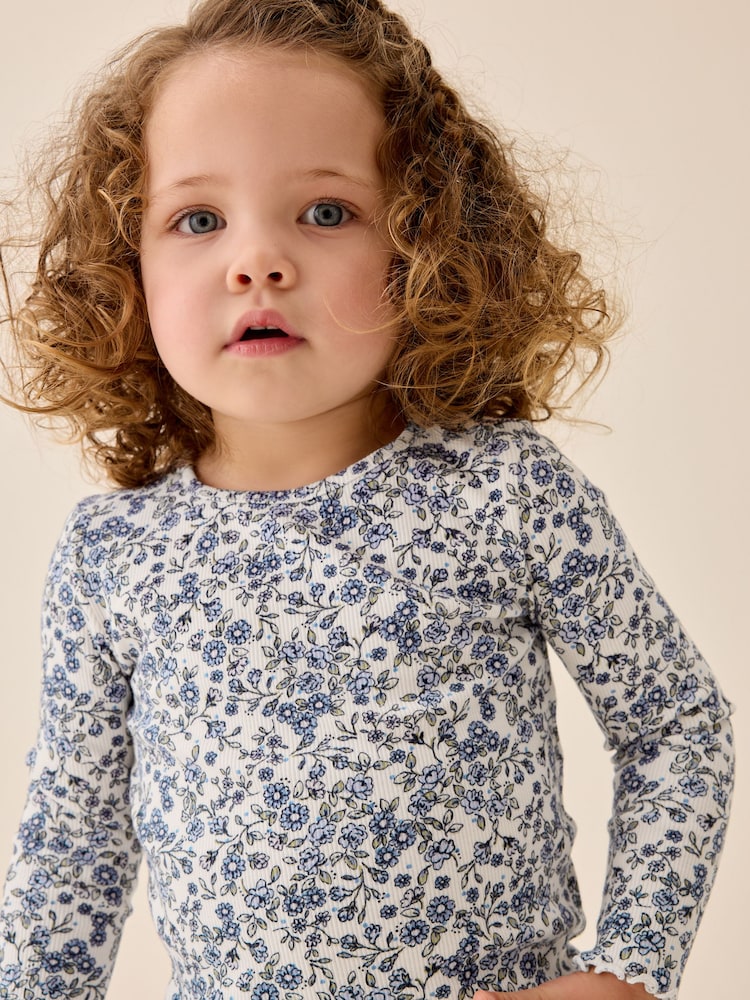 Ecru Blue Ditsy Floral Ribbed Long Sleeve Top (3mths-7yrs) - Image 1 of 8 Ecru Blue Ditsy Floral Ribbed Long Sleeve Top (3mths-7yrs) - Image 1 of 8