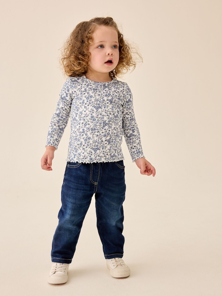 Ecru Blue Ditsy Floral Ribbed Long Sleeve Top (3mths-7yrs) - Image 2 of 8 Ecru Blue Ditsy Floral Ribbed Long Sleeve Top (3mths-7yrs) - Image 2 of 8