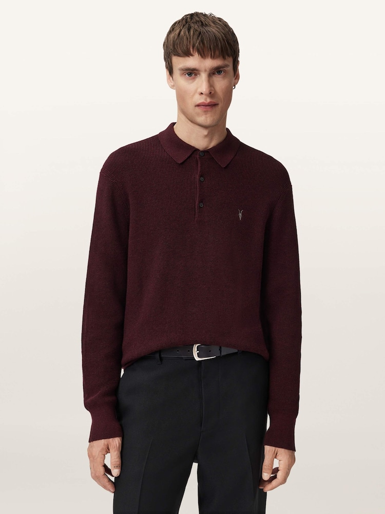 AllSaints Red Aspen Long Sleeve Polo Jumper - Image 2 of 8 AllSaints Red Aspen Long Sleeve Polo Jumper - Image 2 of 8