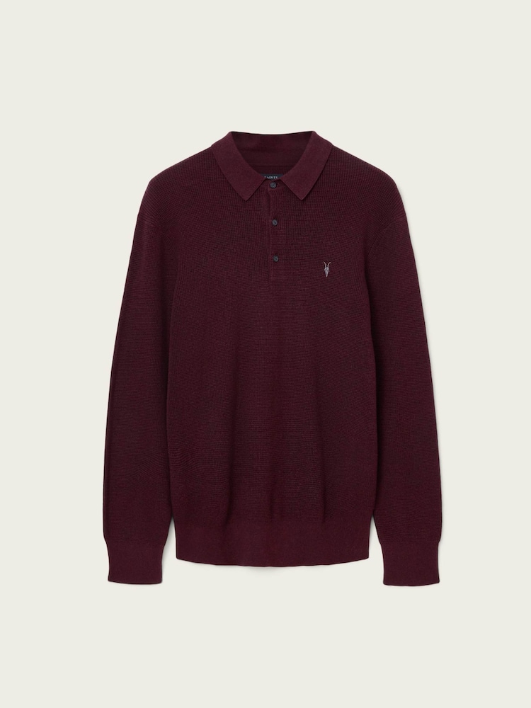 AllSaints Red Aspen Long Sleeve Polo Jumper - Image 8 of 8 AllSaints Red Aspen Long Sleeve Polo Jumper - Image 8 of 8