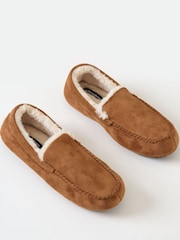 Threadbare Brown Faux Suede Faux Fur Lined Moccasin Slippers - Image 2 of 5
