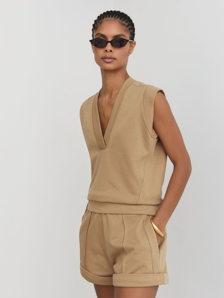Reiss Tan Neutral Willa Cotton-Blend Sleeveless V-Neck Sweat Top - Image 1 of 6