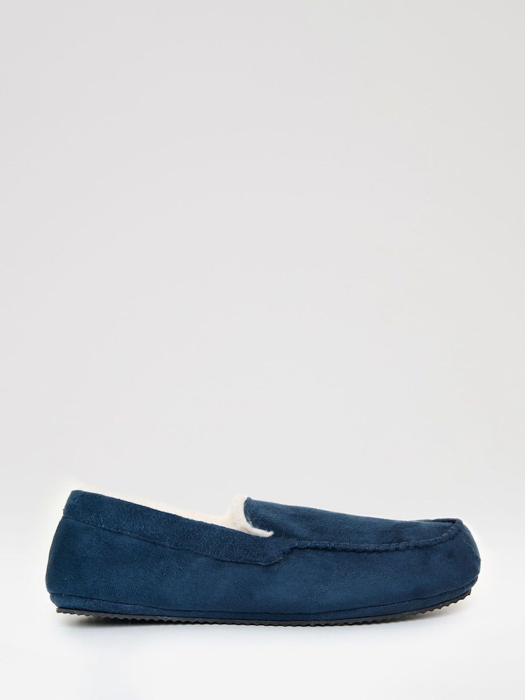 Threadbare Blue Faux Suede Faux Fur Lined Moccasin Slippers - Image 1 of 5