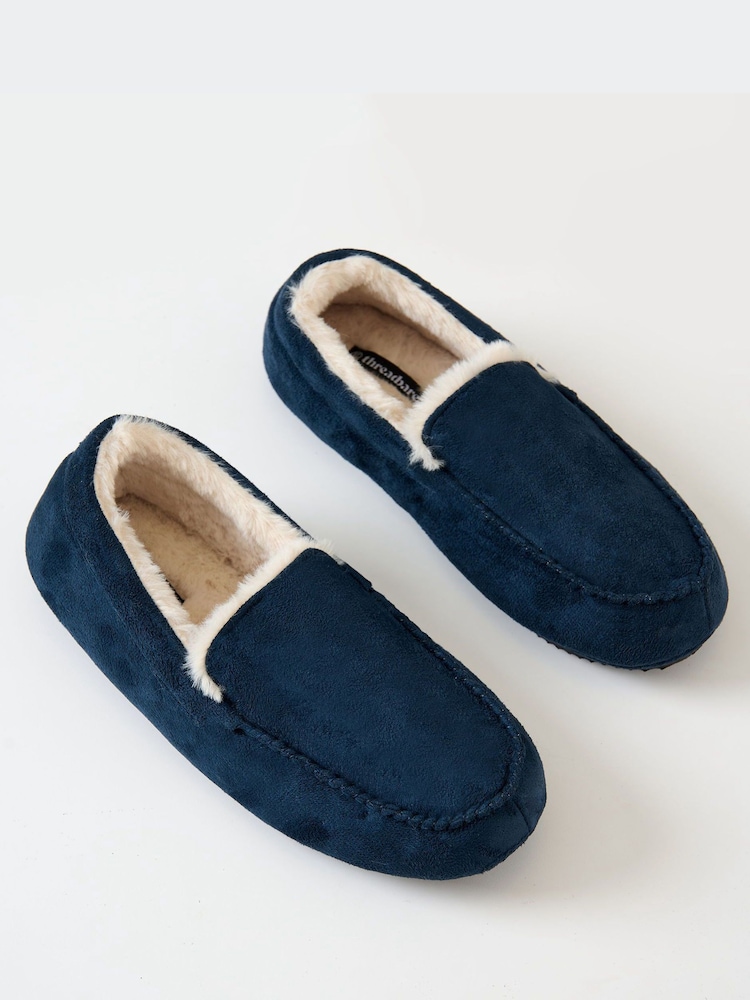 Threadbare Blue Faux Suede Faux Fur Lined Moccasin Slippers - Image 2 of 5