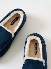 Threadbare Blue Faux Suede Faux Fur Lined Moccasin Slippers - Image 4 of 5