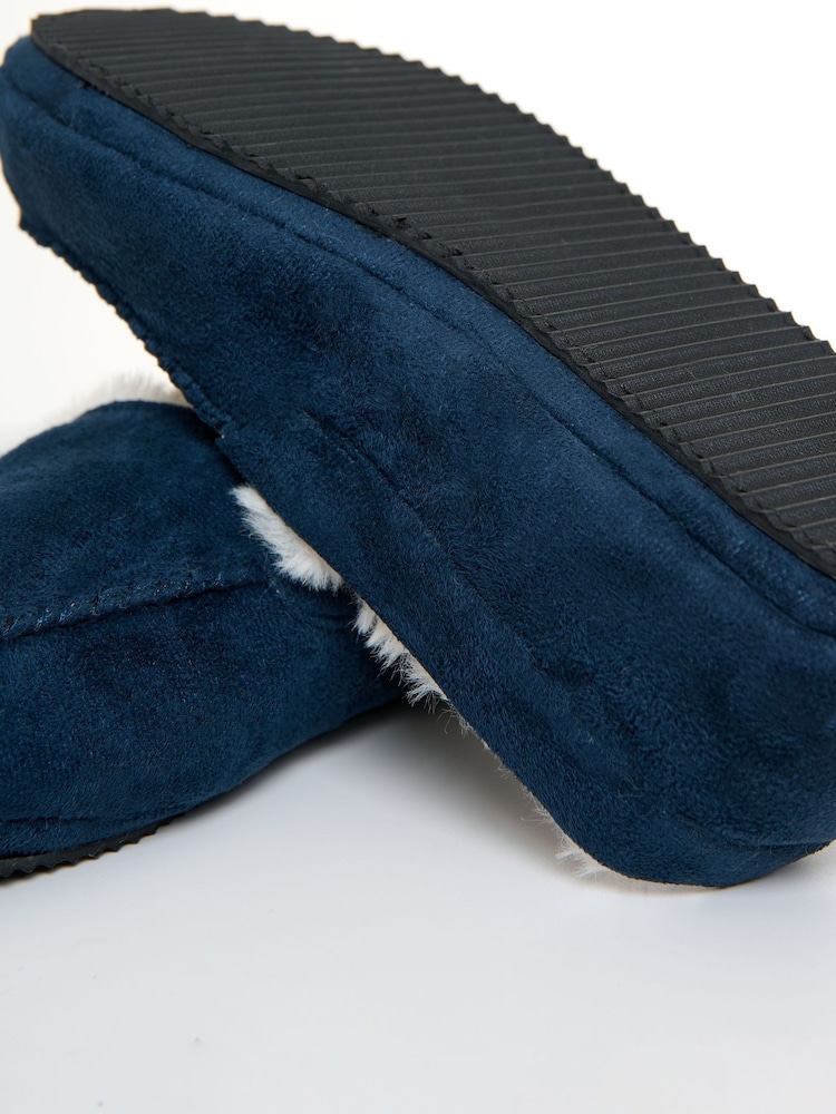 Threadbare Blue Faux Suede Faux Fur Lined Moccasin Slippers - Image 5 of 5