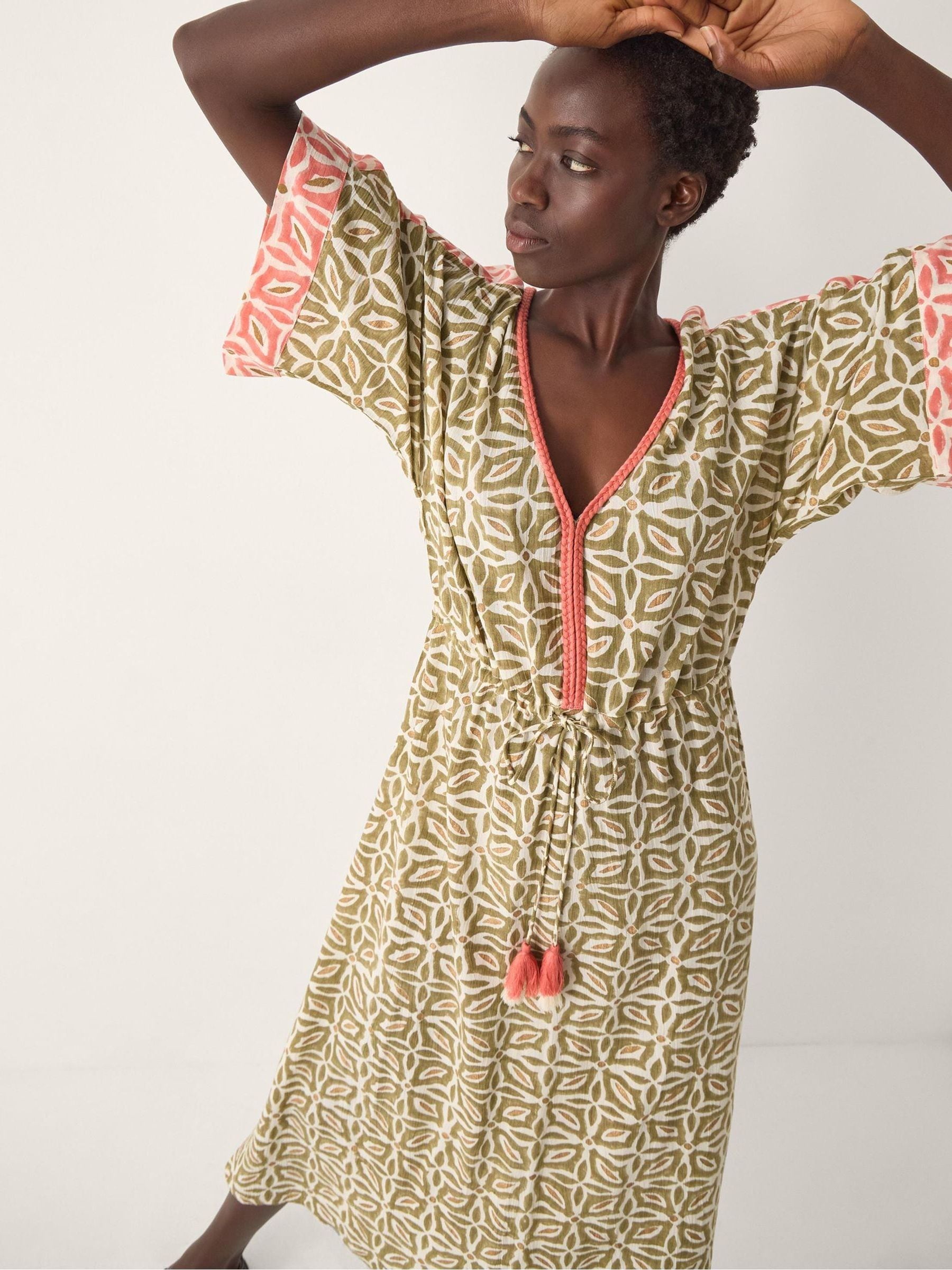 Buy Monsoon Green Elma V-Neck Moroccon Tiles Print Cropped Sleeve
