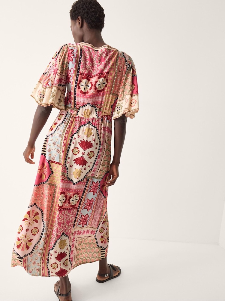 Monsoon Pink Patti Flutter Sleeve Tile Print Maxi Dress - Image 2 of 5 Monsoon Pink Patti Flutter Sleeve Tile Print Maxi Dress - Image 2 of 5