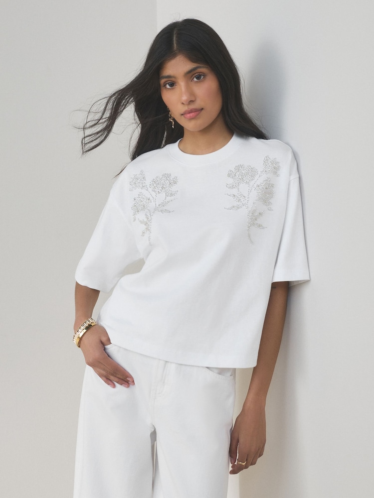 White Floral Embellished Short Sleeve Crew Neck T-Shirt - Image 1 of 7