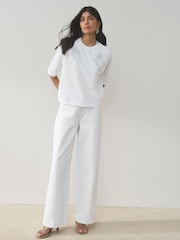 White Floral Embellished Short Sleeve Crew Neck T-Shirt - Image 2 of 7