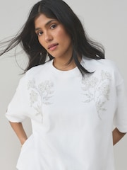 White Floral Embellished Short Sleeve Crew Neck T-Shirt - Image 3 of 7