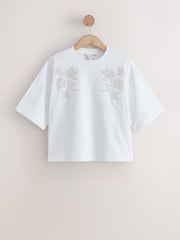 White Floral Embellished Short Sleeve Crew Neck T-Shirt - Image 5 of 7