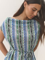 Green/Blue Stripe Tie Front Draped Short Sleeve Top - Image 1 of 7