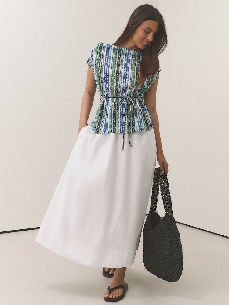 Green/Blue Stripe Tie Front Draped Short Sleeve Top - Image 2 of 7 Green/Blue Stripe Tie Front Draped Short Sleeve Top - Image 2 of 7