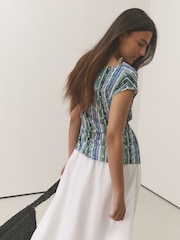 Green/Blue Stripe Tie Front Draped Short Sleeve Top - Image 3 of 7