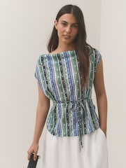 Green/Blue Stripe Tie Front Draped Short Sleeve Top - Image 4 of 7