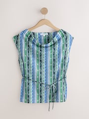 Green/Blue Stripe Tie Front Draped Short Sleeve Top - Image 5 of 7