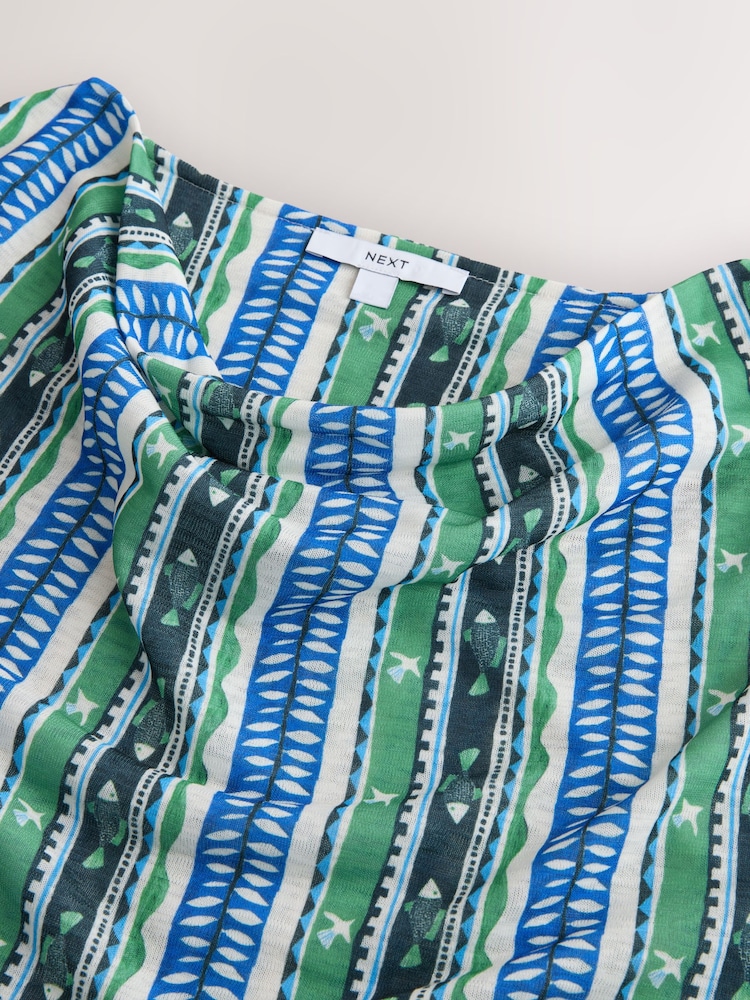 Green/Blue Stripe Tie Front Draped Short Sleeve Top - Image 7 of 7 Green/Blue Stripe Tie Front Draped Short Sleeve Top - Image 7 of 7