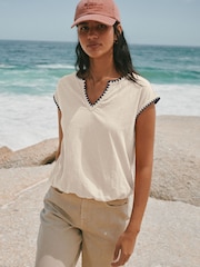 白色 - Bubblehem Notch Neck Whipstitch Short Sleeve Top - 圖片 1/6