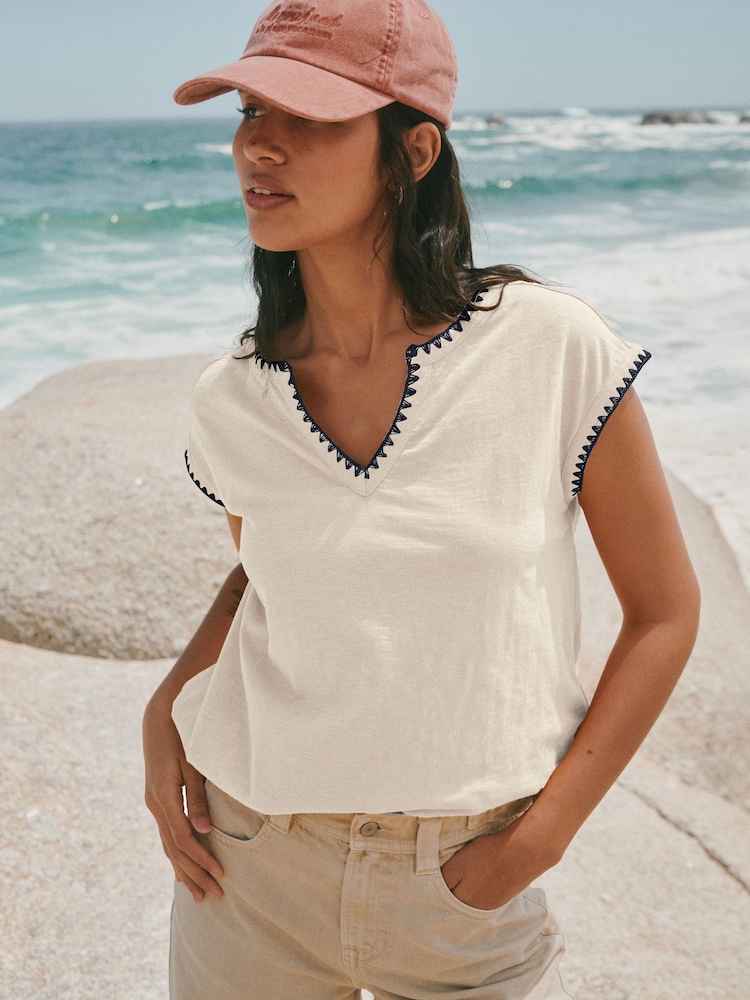 白色 - Bubblehem Notch Neck Whipstitch Short Sleeve Top - 圖片 2/6