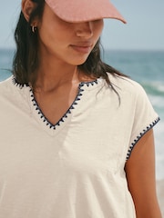 白色 - Bubblehem Notch Neck Whipstitch Short Sleeve Top - 圖片 3/6