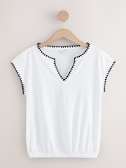 白色 - Bubblehem Notch Neck Whipstitch Short Sleeve Top - 圖片 4/6