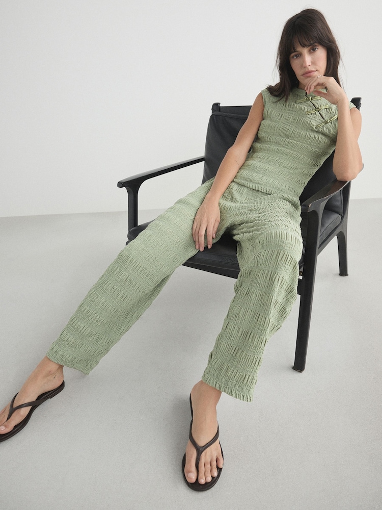 Sage Green Textured Barrel Leg Trousers - Image 1 of 8 Sage Green Textured Barrel Leg Trousers - Image 1 of 8