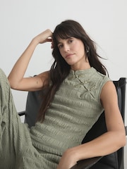 Sage Green Short Sleeved Textured Knot Fastening Top - Image 1 of 9
