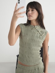 Sage Green Short Sleeved Textured Knot Fastening Top - Image 3 of 9