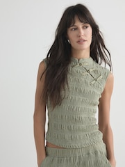 Sage Green Short Sleeved Textured Knot Fastening Top - Image 4 of 9