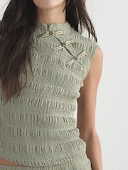 Sage Green Short Sleeved Textured Knot Fastening Top - Image 6 of 9