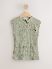 Sage Green Short Sleeved Textured Knot Fastening Top - Image 7 of 9